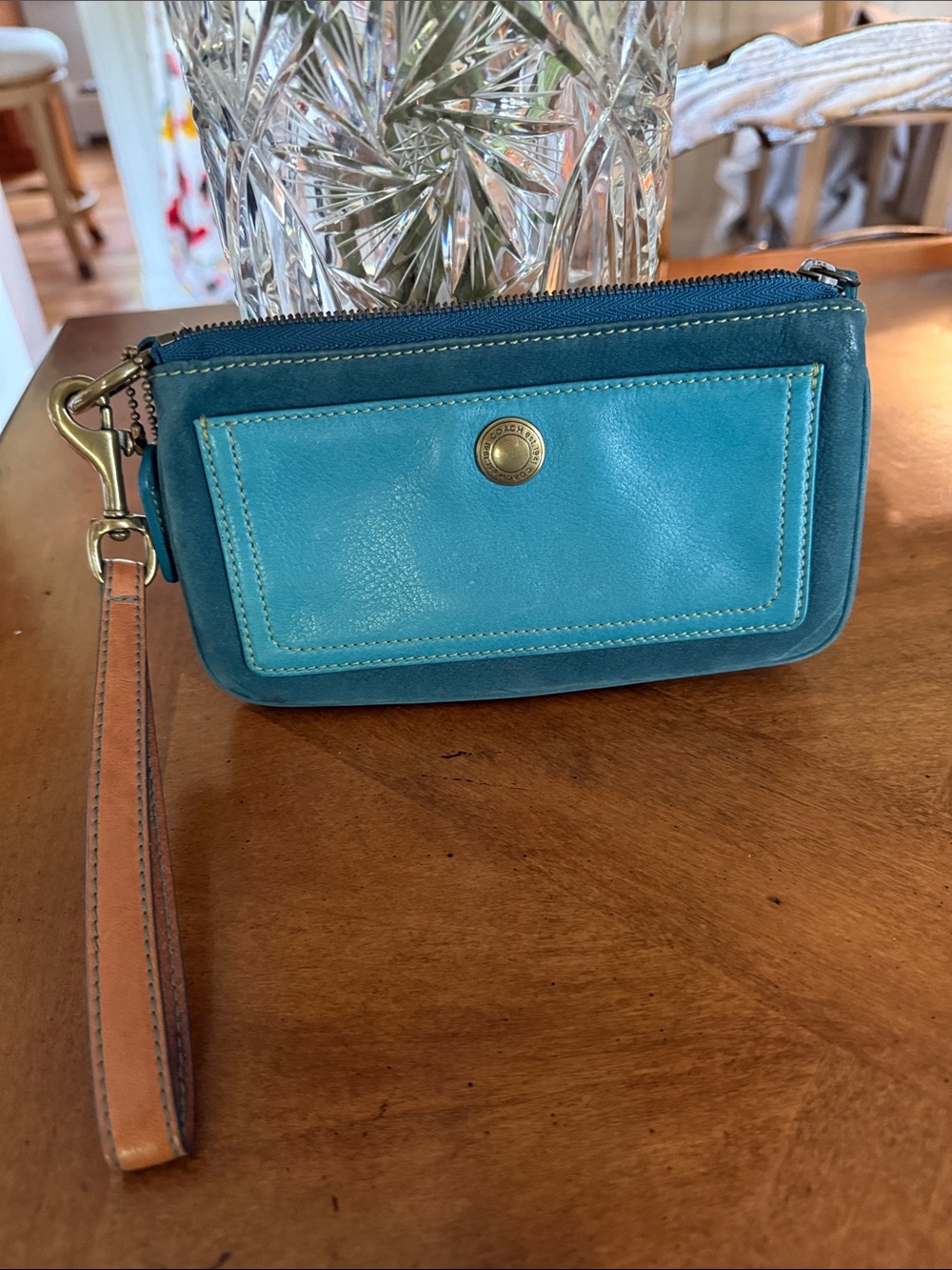 Vintage Coach Leather Wristlet Clutch in Teal and Turquoise